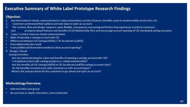 Citi research - User testing findings, slide 2 of 24